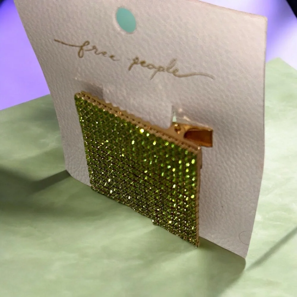 NWT Free People Peridot Green Rhinestone Fringe Bling Barrette Hair Clip